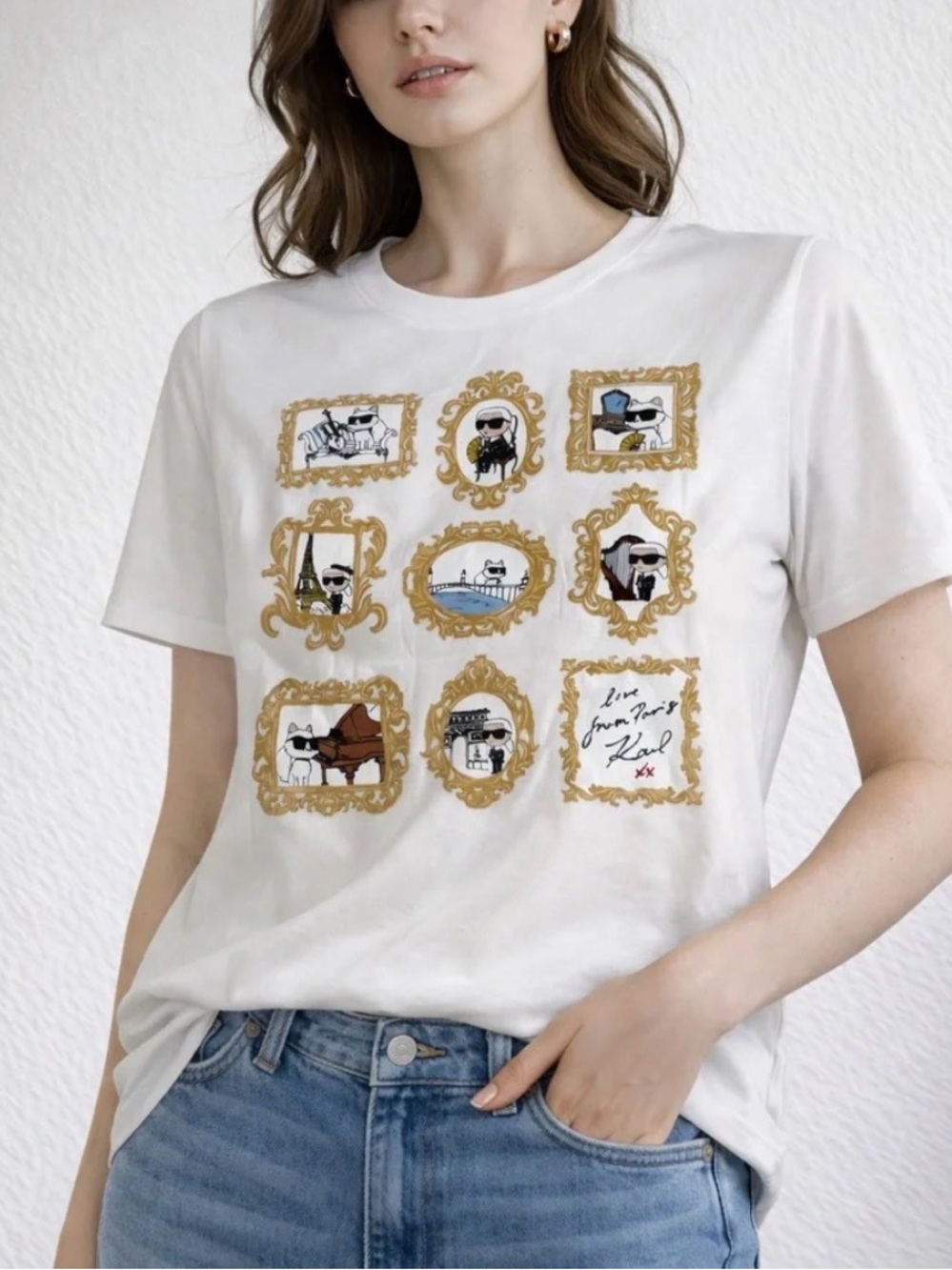 NEW Karl Lagerfeld Graphic White T-Shirt with Gold Frame Design - Size M